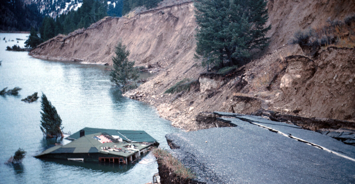 Yellowstone earthquake State Highway 287 slumped into Hebgen Lake damage from the August 1959 Hebgen Lake Montana-Yellowstone earthquake The main residence of Hilgard Lodge is almost completely submerged in the lake View to the northeast