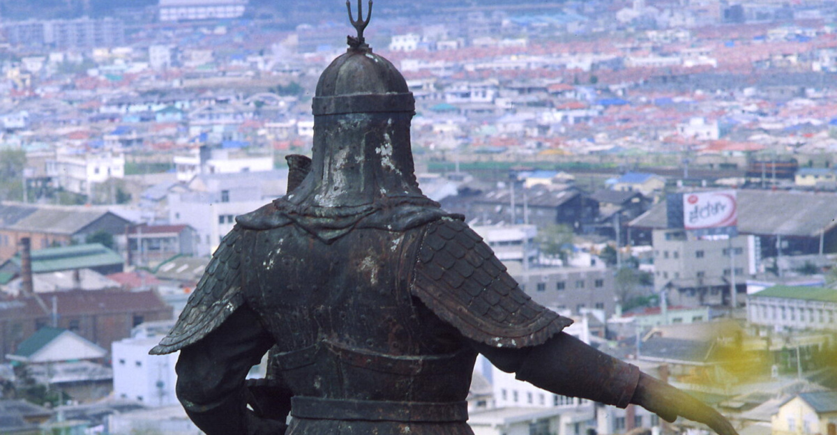 A statue of Admiral Yi Sun-sin looks out over the city of Mokpo, South Korea.