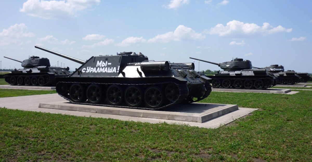Soviet tanks from the Second World War at the War Monument in Prokhorovka