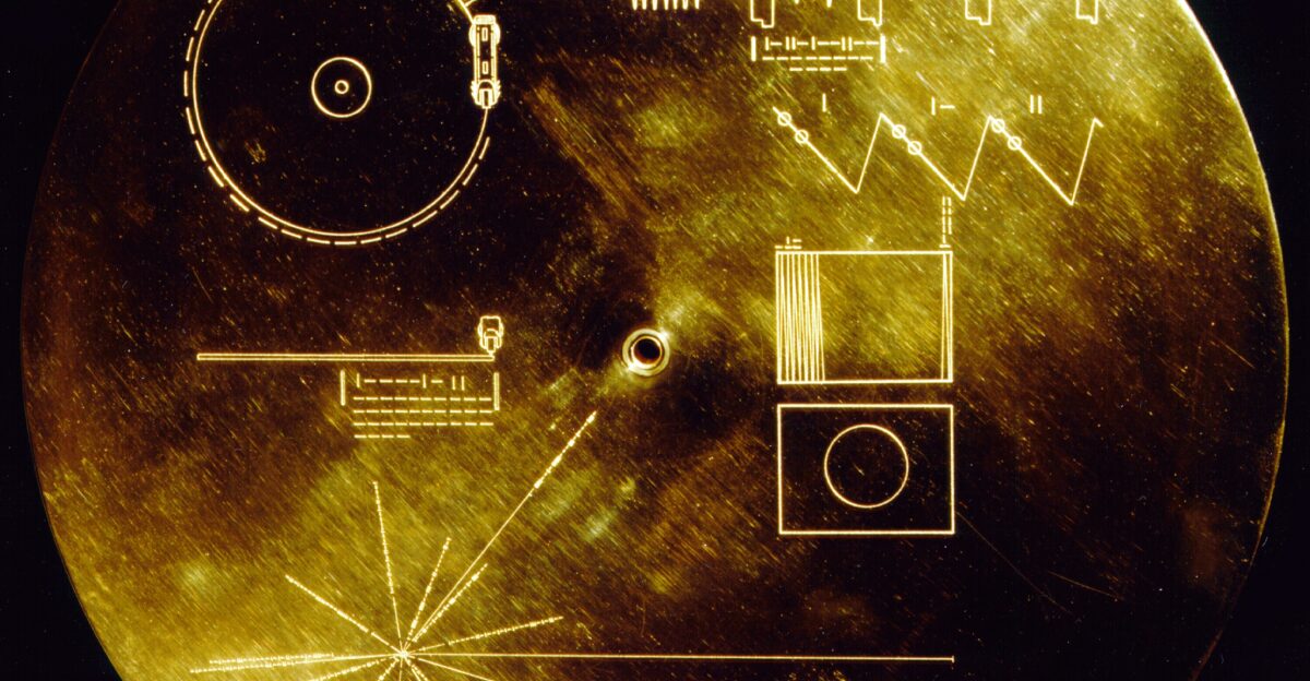 Voyager Golden Record This gold aluminium cover was designed to protect the Voyager 1 and 2 Sounds of Earth gold-plated records from micrometeorite bombardment but also serves a double purpose in providing the finder a key to playing the record The explanatory diagram appears on both the inner and outer surfaces of the cover as the outer diagram will be eroded in time Flying aboard Voyagers 1 and 2 are identical golden records carrying the story of Earth far into deep space The 12 inch gold-plated copper discs contain greetings in 60 languages samples of music from different cultures and eras and natural and man-made sounds from Earth They also contain electronic information that an advanced technological civilization could convert into diagrams and photographs Currently both Voyager probes are sailing adrift in the black sea of interplanetary space flying towards the outmost border of our solar system