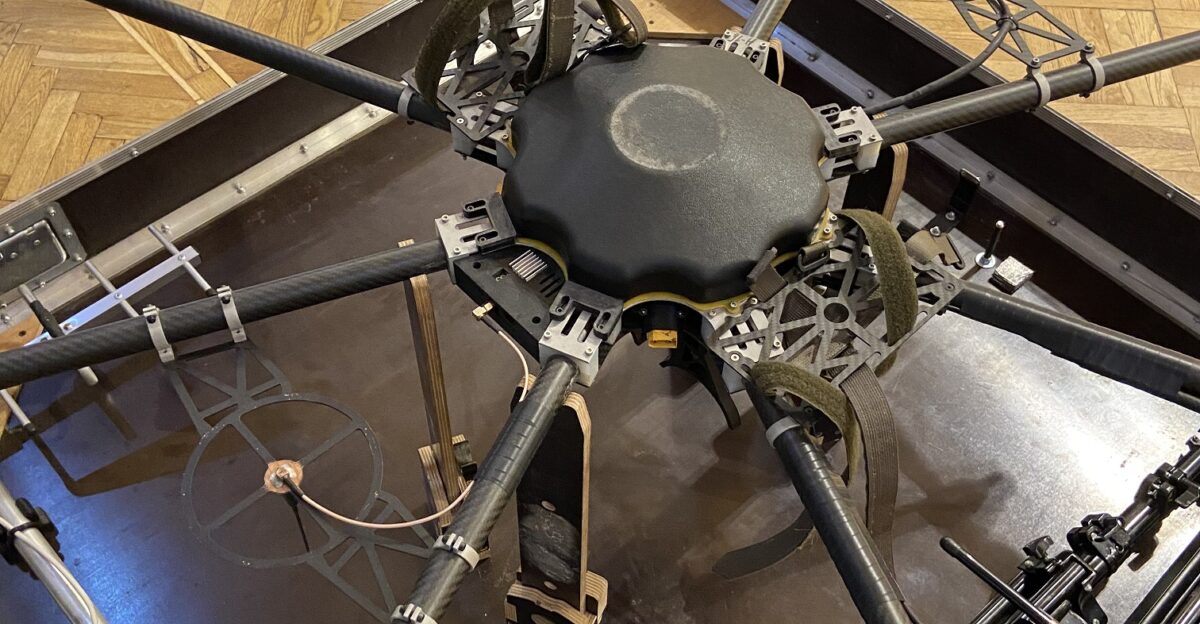 R18 drone on the exhibition at the show of the Sky Coordinator film in honor of Volodymyr Kochetkov-Sukach Organized by Aerorozvidka