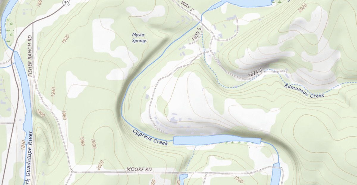 Topo map of the Mystic Springs camp affected by the July 2025 Central Texas floods