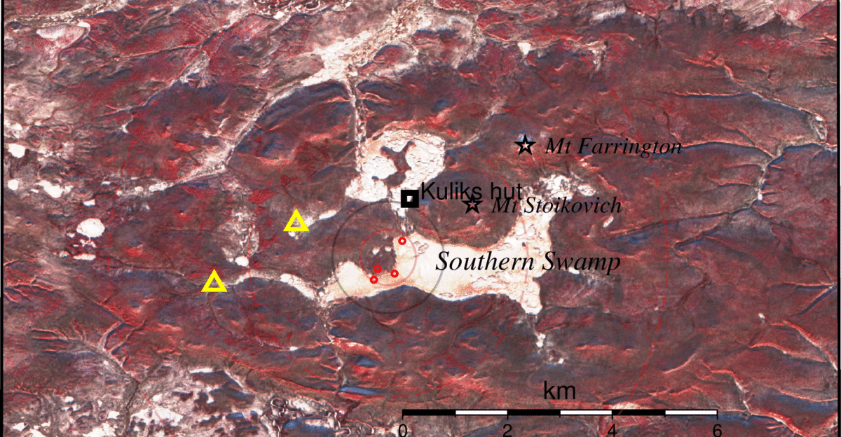 Tunguska center area red circles proposed centers Yellow triangles storage areas
