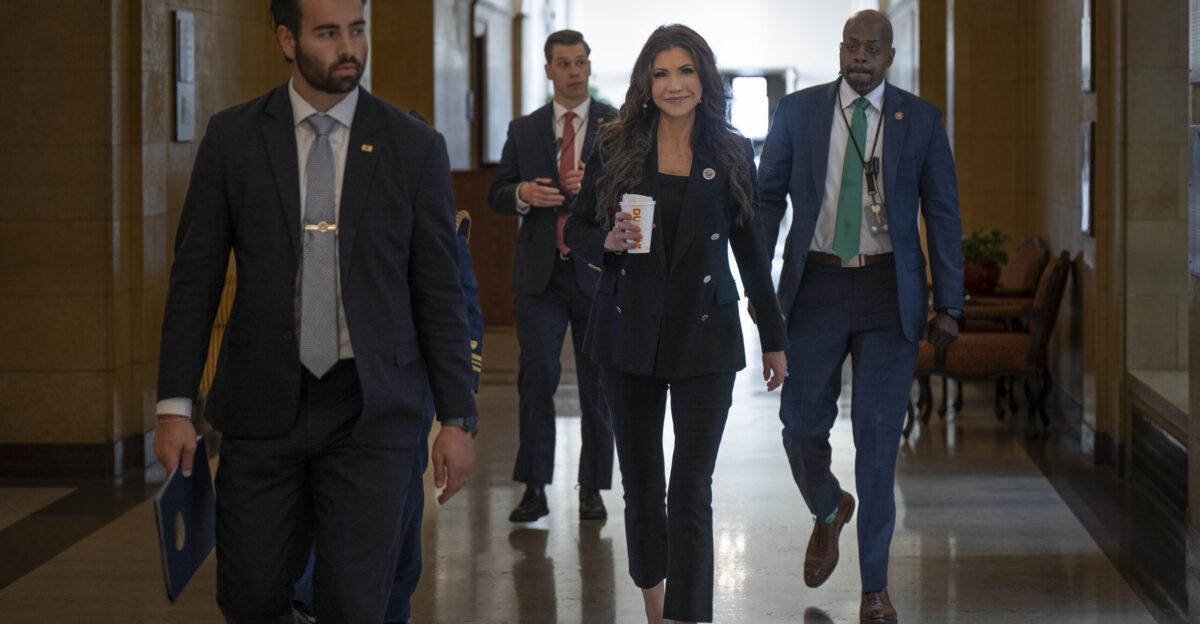 U S Secretary of Homeland Security Kristi Noem arrives at the U S Department of Agriculture on April 30 2025 in Washington D C for a press conference The press conference is in support of Charles and Heather Maude after the Trump Administration announced the U S Government has dropped criminal charges against the small farmer and rancher USDA photo by Tom Witham