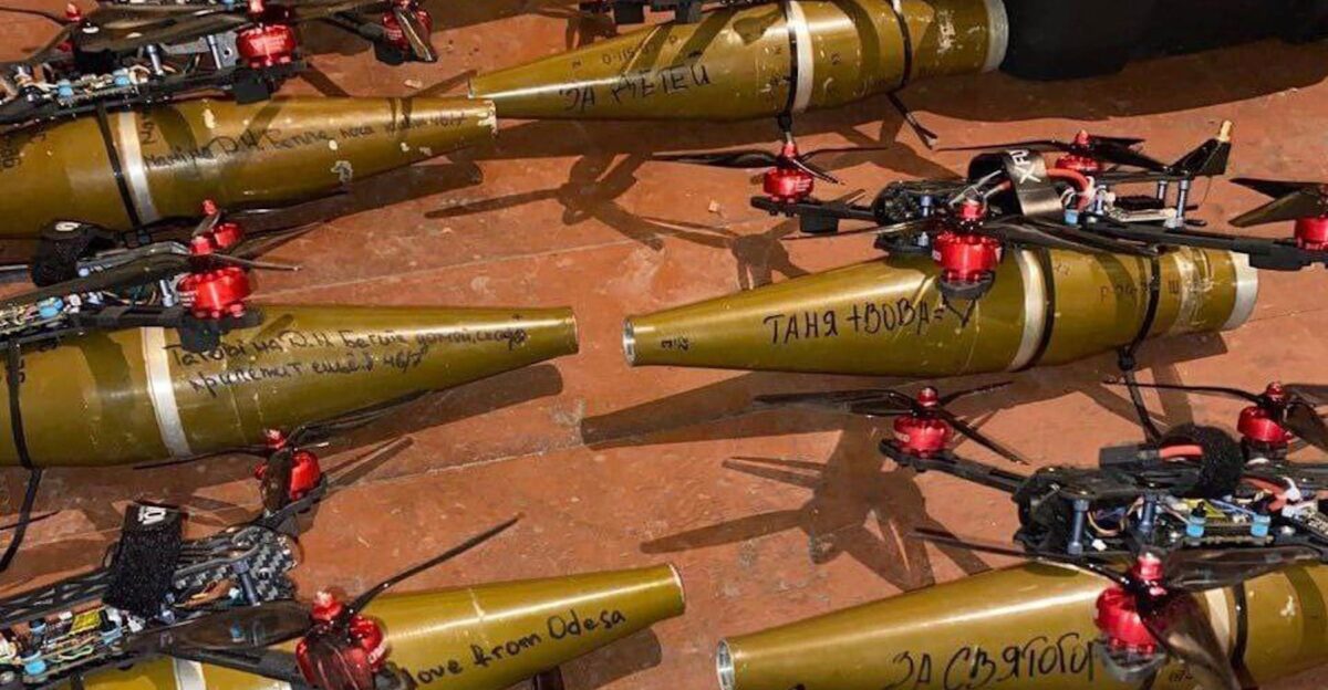 Ukrainian FPV first-person view kamikaze drones armed with 85mm