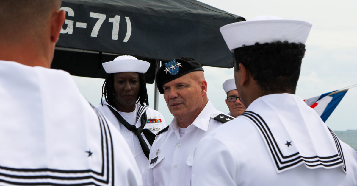 N-FV745-2100 ODESA Ukraine July 4 2021 Lieutenant General Roger L Cloutier Jr Commander NATO Allied Land Command speaks with sailors aboard the Arleigh Burke-class guided-missile destroyer USS Ross DDG 71 during Exercise Sea Breeze 2021 in Odesa Ukraine July 4 2021 Exercise Sea Breeze is a multinational maritime exercise cohosted by U S Sixth Fleet and the Ukrainian Navy in the Black Sea since 1997 Sea Breeze 2021 is designed to enhance interoperability of participating nations and strengthen maritime security and peace within the region U S Navy photo by Mass Communication Specialist 1st Class Daniel James Lanari Released