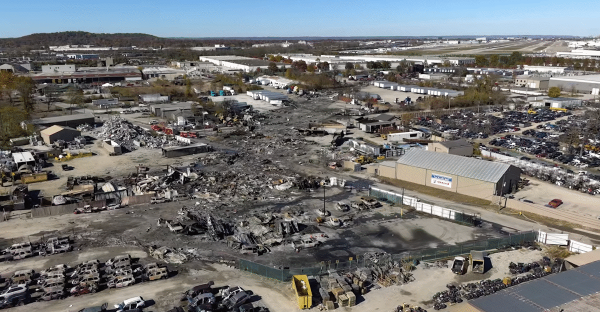 Aerial view of the crash site of UPS Flight 2976 an MD-11 which crashed shortly after takeoff