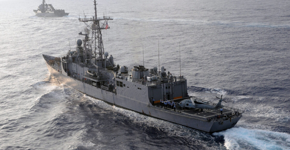 PACIFIC OCEAN June 6 2009 The guided-missile frigate USS Thach FFG 43 steams toward the setting sun after concluding a burial at sea ceremony The cermony was in honor of retired Cmdr Dale Simmons a former wingman of Adm Jimmy Thach one of many heroes at the Battle of Midway The Ronald Reagan Carrier Strike Group is underway on a routine deployment to the western Pacific Ocean U S Navy photo by Mass Communication Specialist 3rd Class Joshua Scott Released