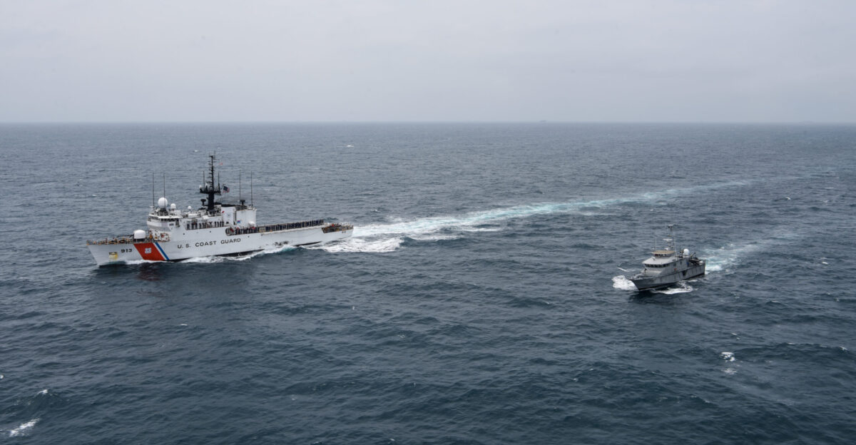 USCGC Mohawk WMEC 913 sails alongside a Nigerian Navy ship in the Atlantic Ocean Aug 22 2022 Mohawk is on a scheduled deployment in the U S Naval Forces Africa area of operations employed by U S Sixth Fleet to defend U S allied and partner interests U S Coast Guard photo by Petty Officer 3rd Class Jessica Fontenette
