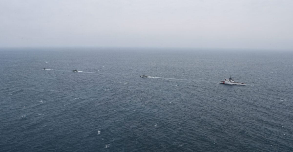 USCGC Mohawk WMEC 913 sails in formation with three Nigerian Navy ships in the Atlantic Ocean Aug 22 2022 Mohawk is on a scheduled deployment in the U S Naval Forces Africa area of operations employed by U S Sixth Fleet to defend U S allied and partner interests U S Coast Guard photo by Petty Officer 3rd Class Jessica Fontenette