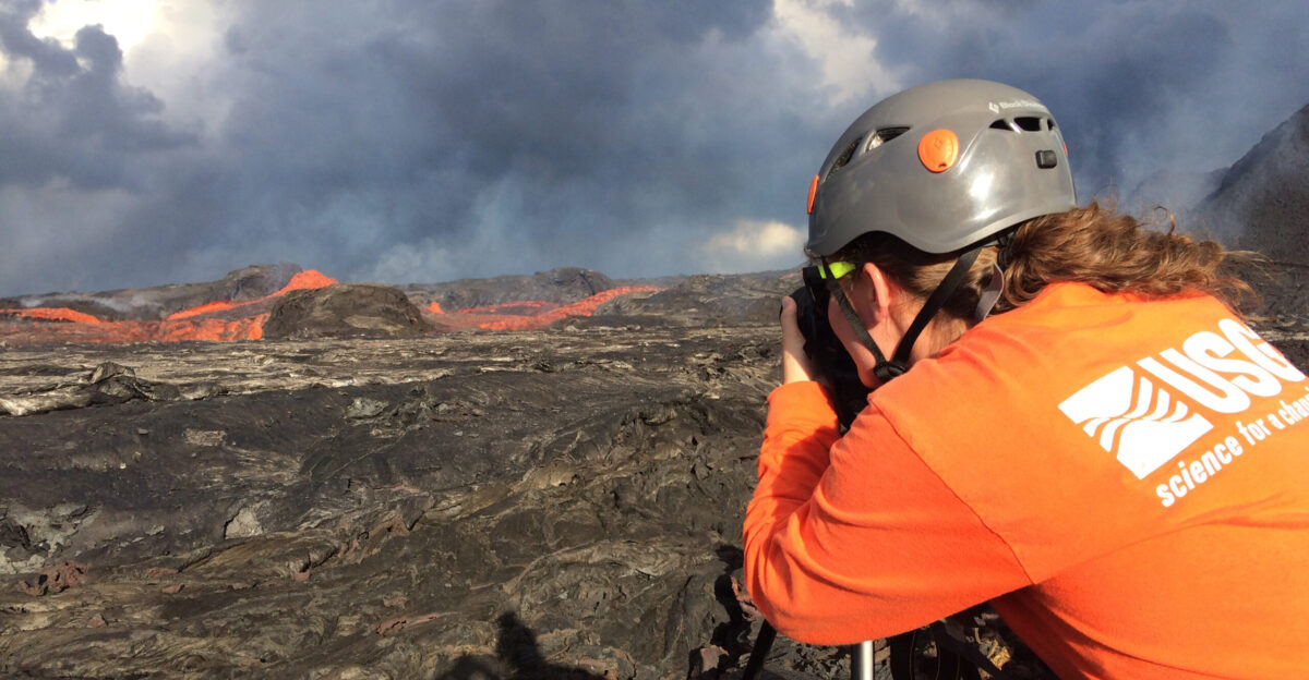 For use with the January 15 2019 After Dark in the Park talk during Volcano Awareness Month USGS Photo USGS Hawaiian Volcano Observatory scientist monitors K lauea Volcano s Lower East Rift Zone lava flow on 6 25 2018