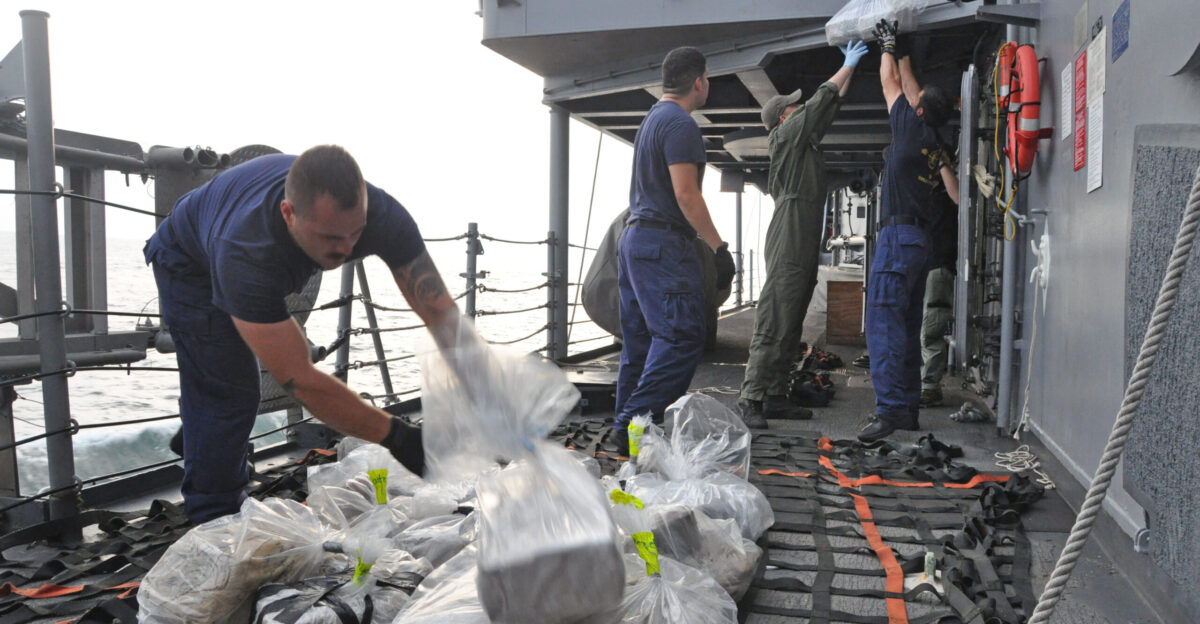 CARIBBEAN SEA Sept 15 2013 Personnel from the U S Coast Guard Law Enforcement detachment embarked aboard the guided-missile frigate USS Rentz FFG 46 prepare an estimated 78 million of confiscated cocaine for transfer to the U S Coast Guard cutter USCGC Forward WMEC 911 from a drug bust made on Aug 16 during Operation Martillo counter transnational organized crime operations while assigned to U S 4th Fleet U S Navy photo by Lt Cmdr Corey Barker Released 130915-N-IC228-001 Join the conversation navylive dodlive mil pinterest com plus google com
