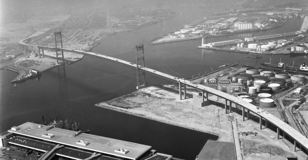 Aerial view of Vincent Thomas suspension bridge in San Pedro California before its opening