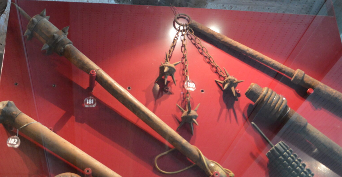 Wirecuttters (left) and maces (right, used to finish off enemy soldiers wounded by poisonous gas). Used in WWI, taken at the Tre Sassi museum at Passo di Valparola (Belluno)