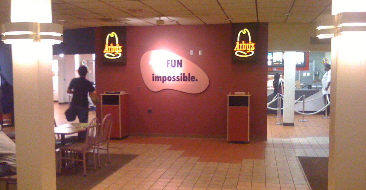 Image of the Arby s that was previously located on the first floor of Kilcawley Center on the campus of Youngstown State University Used for location of store in Arby s home market