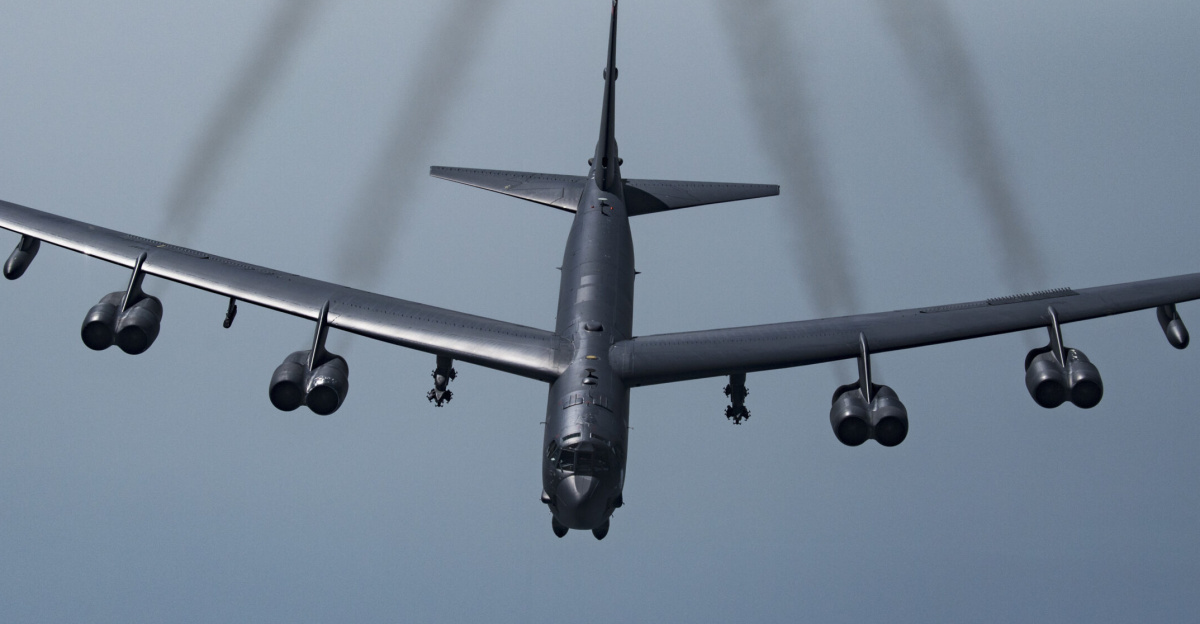 A U.S. B-52H Stratofortress prepares to join with Qatar Emiri Air Force Mirage 2000s and U.S. F-35A Lightning IIs to fly in formation over Southwest Asia, May 21, 2019. This flight was conducted to continue building military-to-military relationships with the QEAF. The B-52H is part of the Bomber Task Force deployed to the U.S. Central Command area of responsibility to defend U.S. forces and interests in the region. (U.S. Air Force photo by Senior Airman Keifer Bowes)