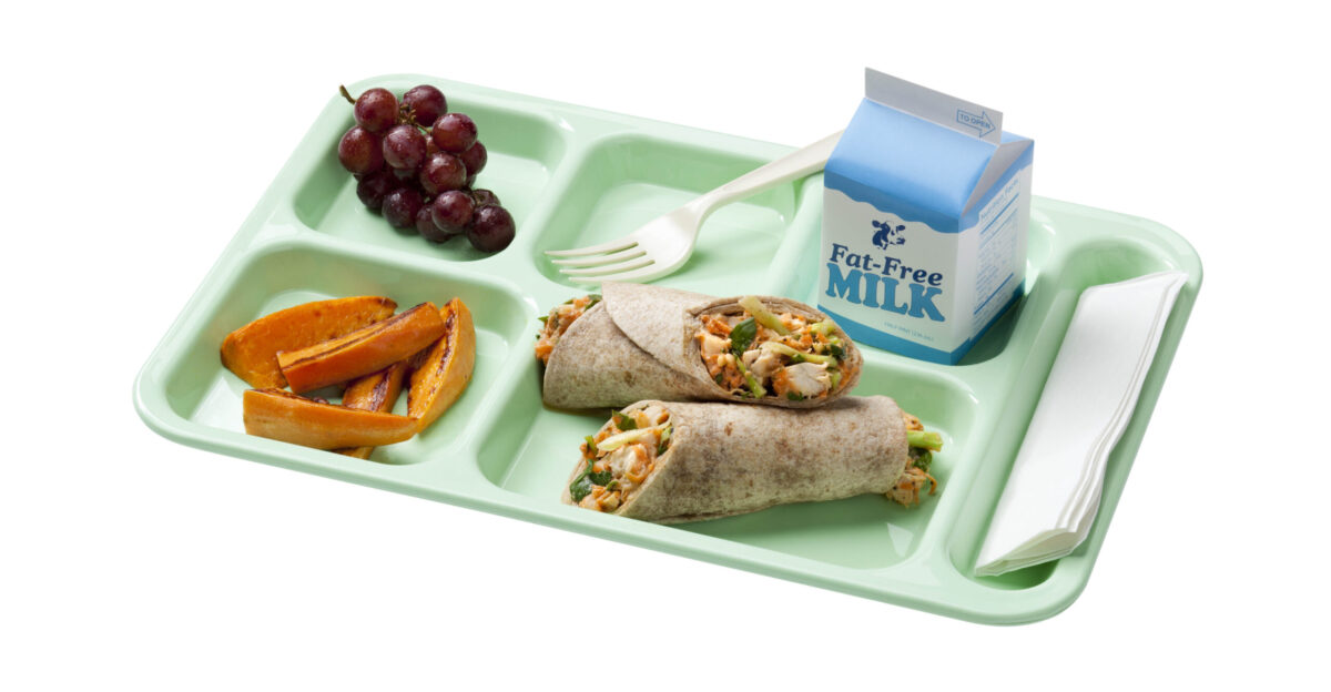 A school lunch tray showing a reimbursable meal for grades kindergarten through 8 Also shows all MyPlate food groups offered at school lunch Find Team Nutrition resources for school lunch at All photos are property of USDA with unlimited rights to the use and redistribution of the images