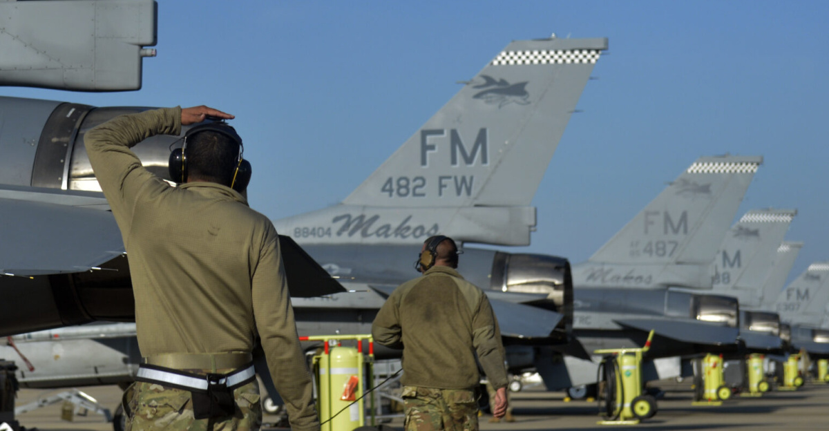 Maintenance Airmen from Homestead Air Reserve Base, Fla., go through pre-flight checks prior to a sortie during a Flying Training Deployment at Royal Air Force Lakenheath, England, May 16, 2019. During the deployment, the 93rd Fighter Squadron flew more than 136 sorties and accumulated nearly 180 flying hours. (U.S. Air Force photo by Master Sgt. Eric Burks)