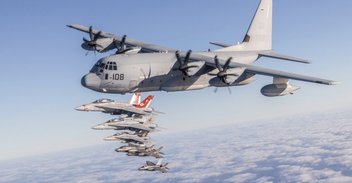 U S Marines and aircraft with Marine Aircraft Group 11 3rd Marine Aircraft Wing conduct a formation flight as part of Project Legacy off the coast of San Diego March 4 2025 The Project Legacy flight was a unique opportunity for all aircraft platforms across MAG-11 to fly as one team practice tight formations and take part in the documentation of a historical flight U S Marine Corps photo by Lance Cpl Jennifer Sanchez
