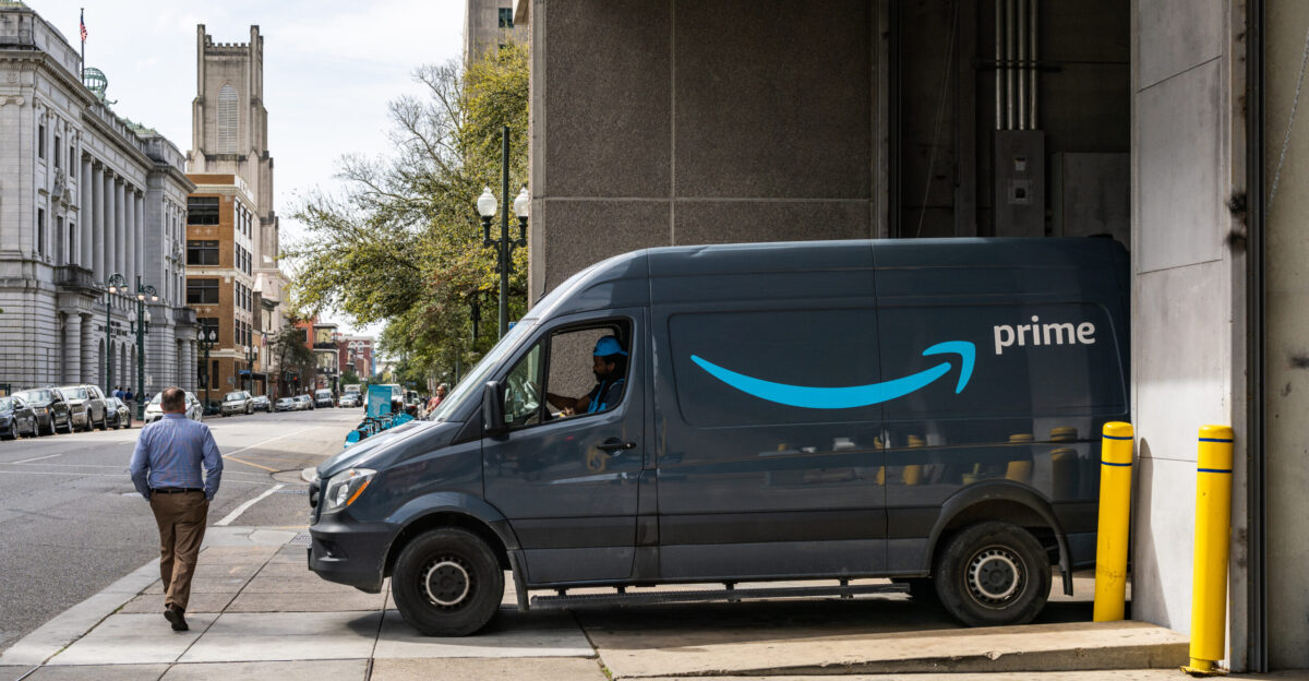An Amazon Prime delivery van in downtown New Orleans Louisiana