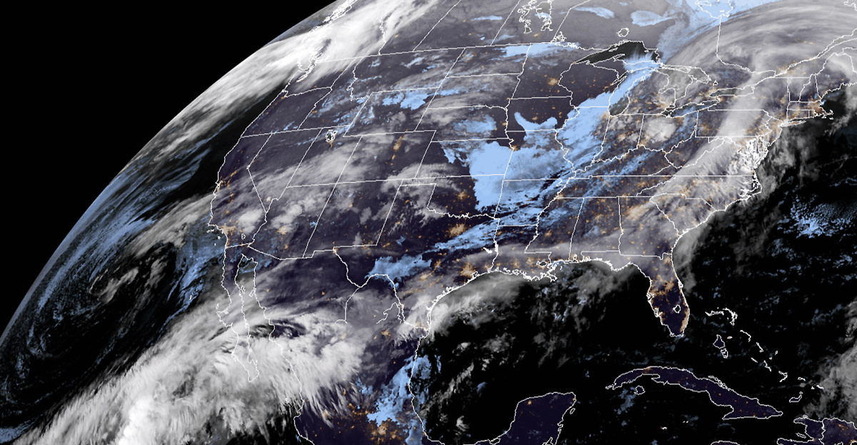 On March 10, 2020, the GOES-East satellite viewed an atmospheric river (or AR) flowing up from the South Pacific, across the Gulf of Mexico and into the U.S. As a result, much of the eastern and southeastern United States will see chances for precipitation , through Wednesday morning.
<p>While ARs usually bring heavy rain to the West Coast of the U.S., this particular AR is setting up farther south over the Baja California Peninsula of Mexico. A cold front pushing southeastward from the Great Lakes is helping to funnel the AR moisture north and eastward. As a result, the weather around the lower Mississippi River Valley will be affected, compounding the recent wet winter and flooding concerns , as well as reinforcing the warmer-than-average temperatures in the region. According to the previously cited Feb. 2020 temperature departures, temperatures in the Southeast have deviated from the 1981–2010 historic normal by as much as 21 degrees Fahrenheit.
</p>
The GOES-East geostationary satellite, also known as GOES-16, keeps watch over most of North America, including the continental United States and Mexico, as well as Central and South America, the Caribbean, and the Atlantic Ocean to the west coast of Africa. The satellite's high-resolution imagery provides optimal viewing of severe weather events, including thunderstorms, tropical storms, and hurricanes.