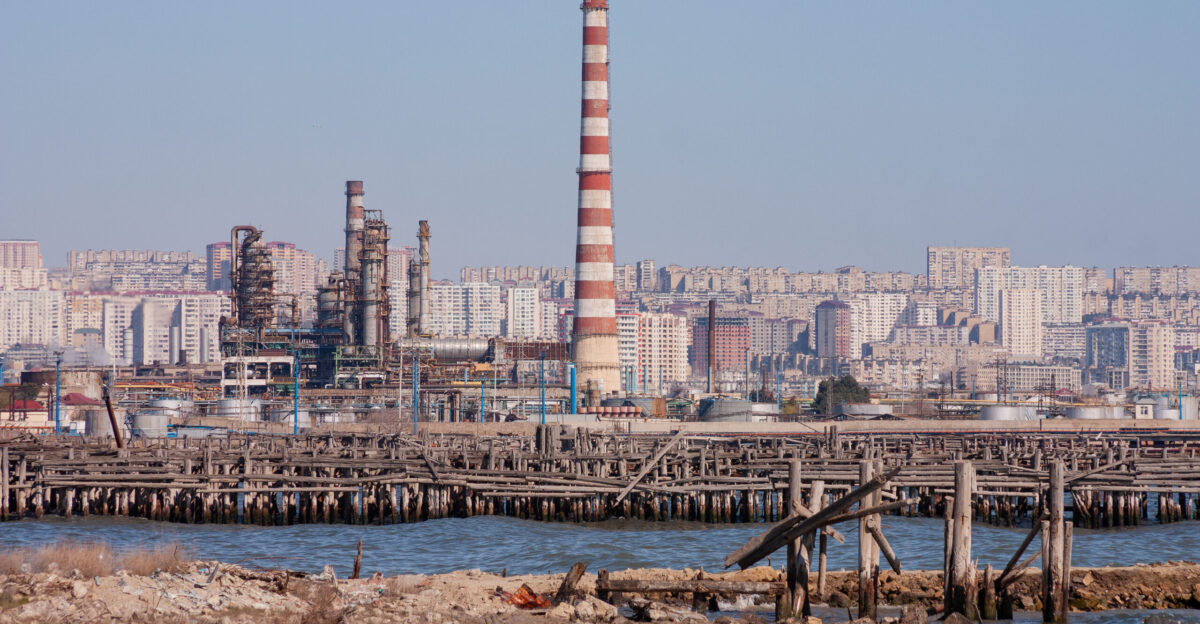 An environmental disaster caused by oil production and refining Baku Bay The Caspian Sea