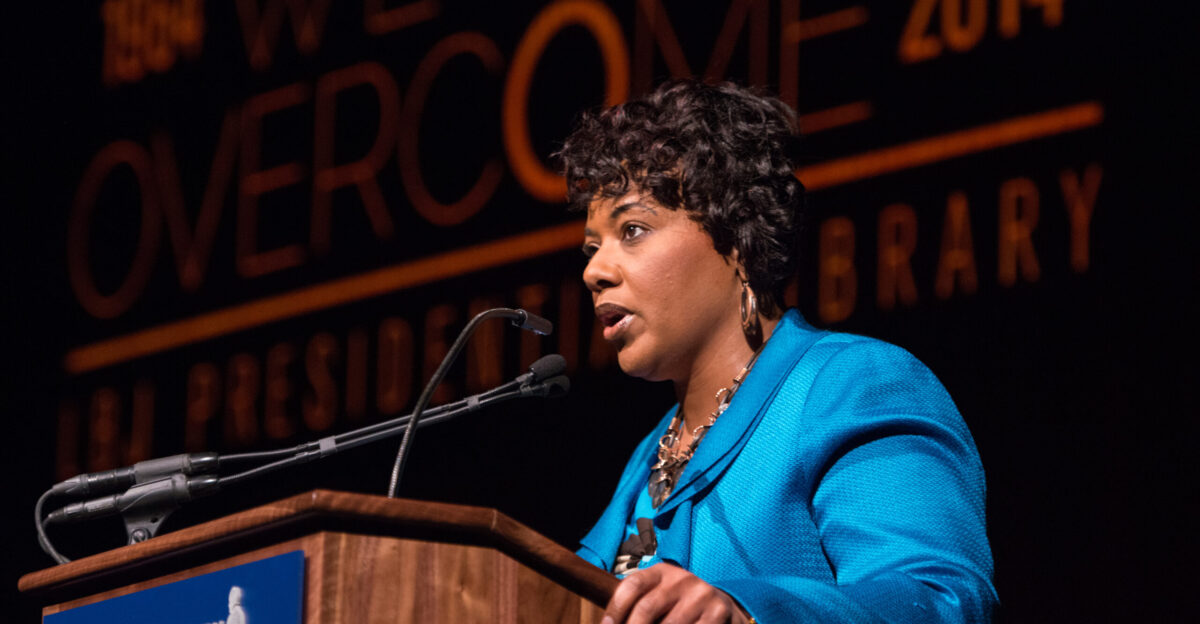 AUSTIN APRIL 9-Bernice A King daughter of Martin Luther King Jr and the CEO of the King Center introduces civil rights leaders Julian Bond John Lewis and Andrew Young at the Civil Rights Summit at the LBJ Presidential Library Photo by Lauren Gerson