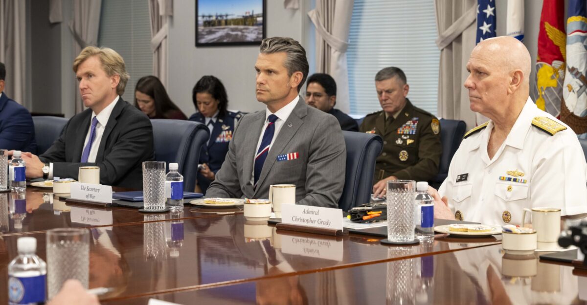 Secretary of War Pete Hegseth holds a bilateral exchange with Canadian Minister of Defense David McGuinty at the Pentagon Washington D C Sept 22 2025 DoW photo by U S Air Force Staff Sgt Madelyn Keech