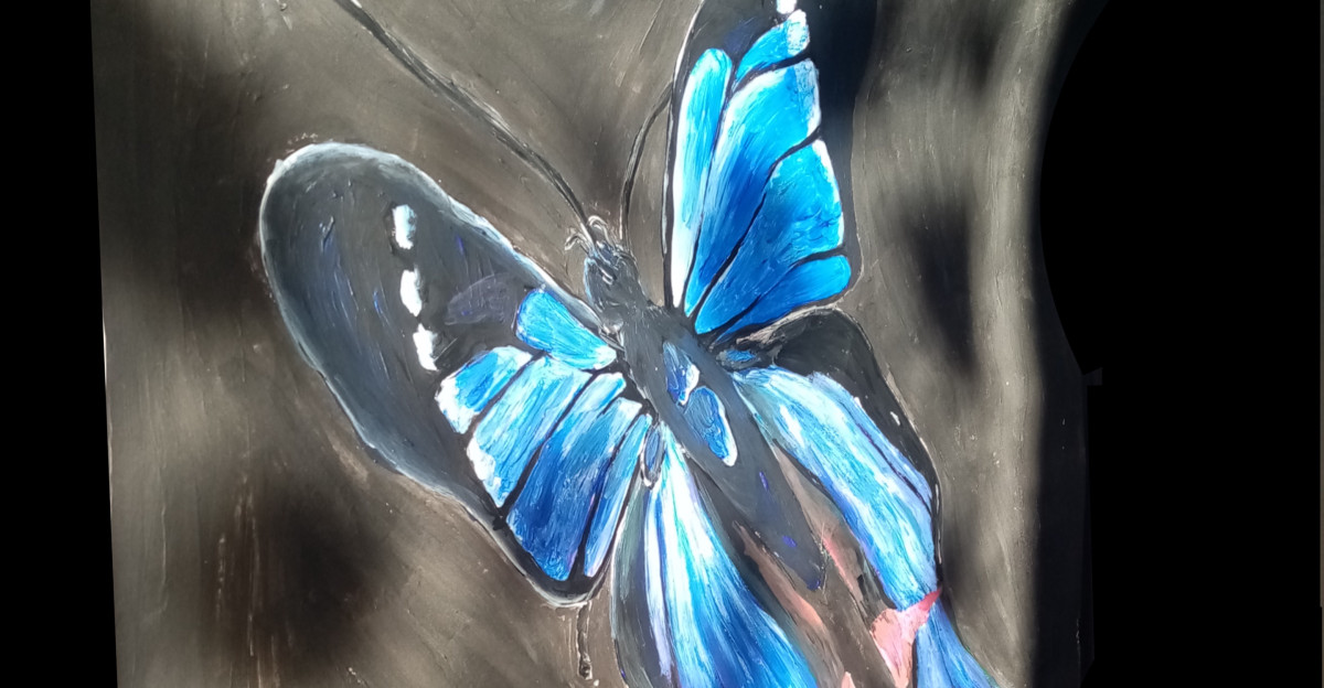 Painting by myself of a blue butterfly flying from chains inspired by Virginia Giuffre s organisation Victims Refuse Silence
