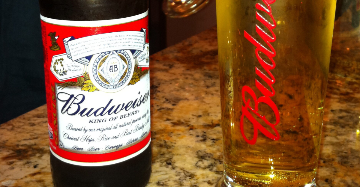 Bottle and glass of american beer Budweiser from Anheuser-Busch.