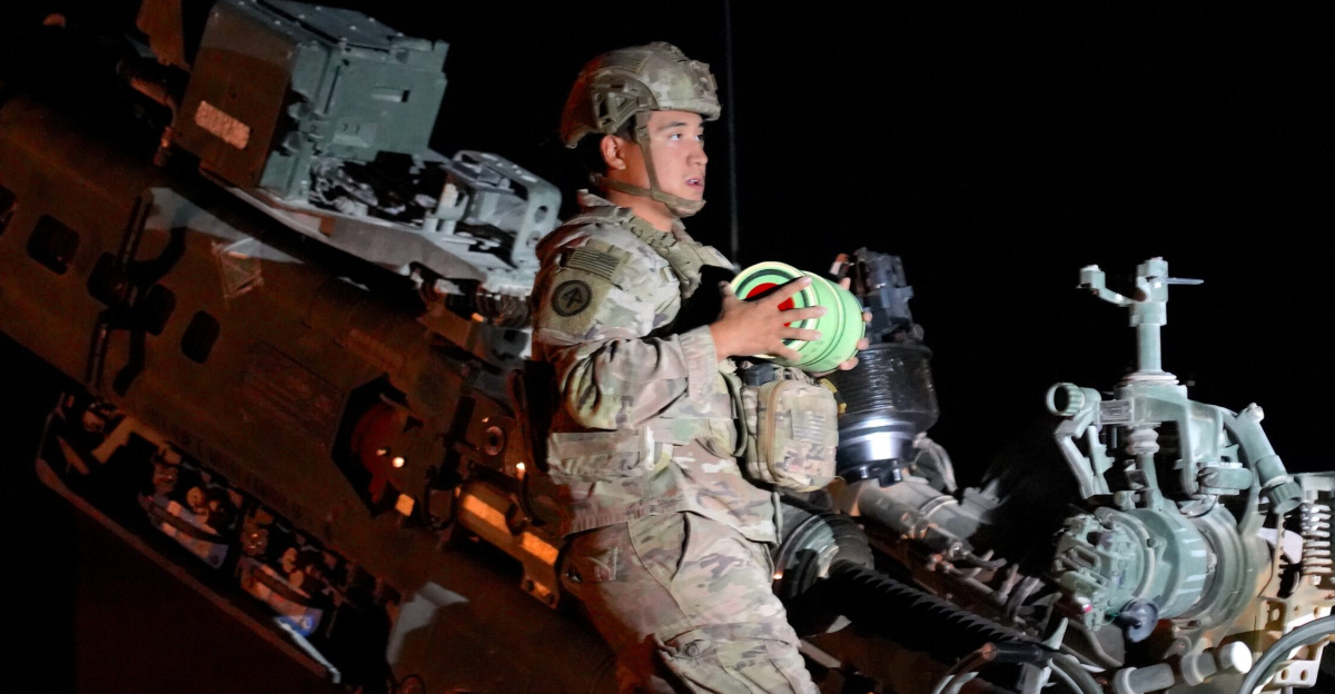 U.S. Army Soldiers assigned to 2nd Platoon, Charlie Battery, 3rd Battalion, 112th Field Artillery Regiment, 44th Infantry Brigade Combat Team, New Jersey Army National Guard, deployed in support of Combined Joint Task Force - Operation Inherent Resolve, perform a live fire exercise utilizing the M777 Howitzer in Northeast Syria, October, 2024. (U.S. Army photo by Capt. Kyle Marr)