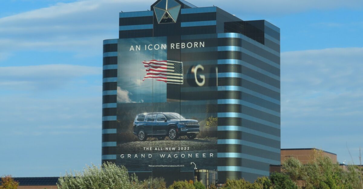 Main tower of the Chrysler Stellantis North America headquarters complex Auburn Hills Michigan United States Taken from Interstate 75 in November 2021 when the tower bore an advertisement for the then-new Jeep Grand Wagoneer