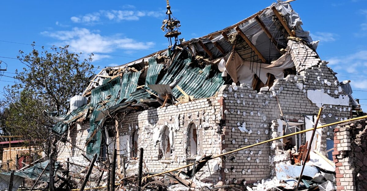 Church in Vesele village Kherson region of Ukraine after Russian strike with guided air-dropped bombs on 5 May 2023 a note