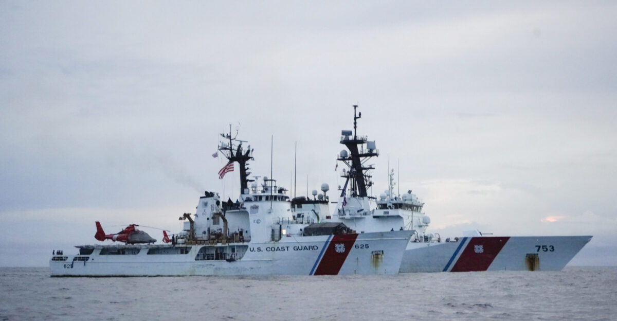 Coast Guard Cutters Venturous WMEC 625 and Hamilton WMSL 753 rendezvous at sea Nov 21 2024 in the Eastern Pacific Ocean Venturous crew conducted a 40-day counter drug patrol within the Coast Guard Eleventh District area of responsibility in support of Joint Interagency Task Force - South U S Coast Guard photo