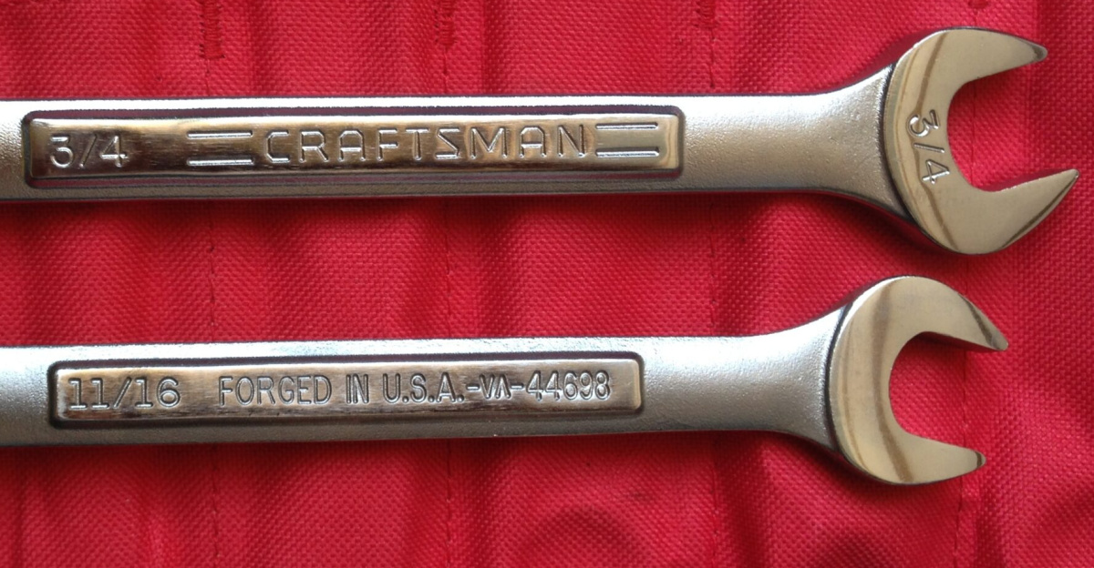 Two raised panel <a href="https://en.wikipedia.org/wiki/combination_wrench" class="extiw" title="en:combination wrench">combination wrenches</a> manufactured by <a href="https://en.wikipedia.org/wiki/Danaher_Corporation" class="extiw" title="en:Danaher Corporation">Danaher Corporation</a> for the <a href="https://en.wikipedia.org/wiki/Craftsman_(tools)" class="extiw" title="en:Craftsman (tools)">Craftsman</a> brand.