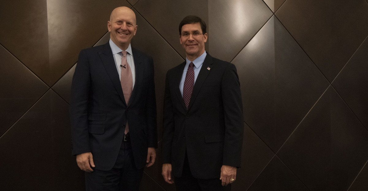Defense Secretary Mark T. Esper (right) talks with Goldman Sachs CEO David Solomon (left) before taking part in a discussion at Goldman Sachs, New York, New York, Nov. 11, 2019. (DoD photo by Lisa Ferdinando)