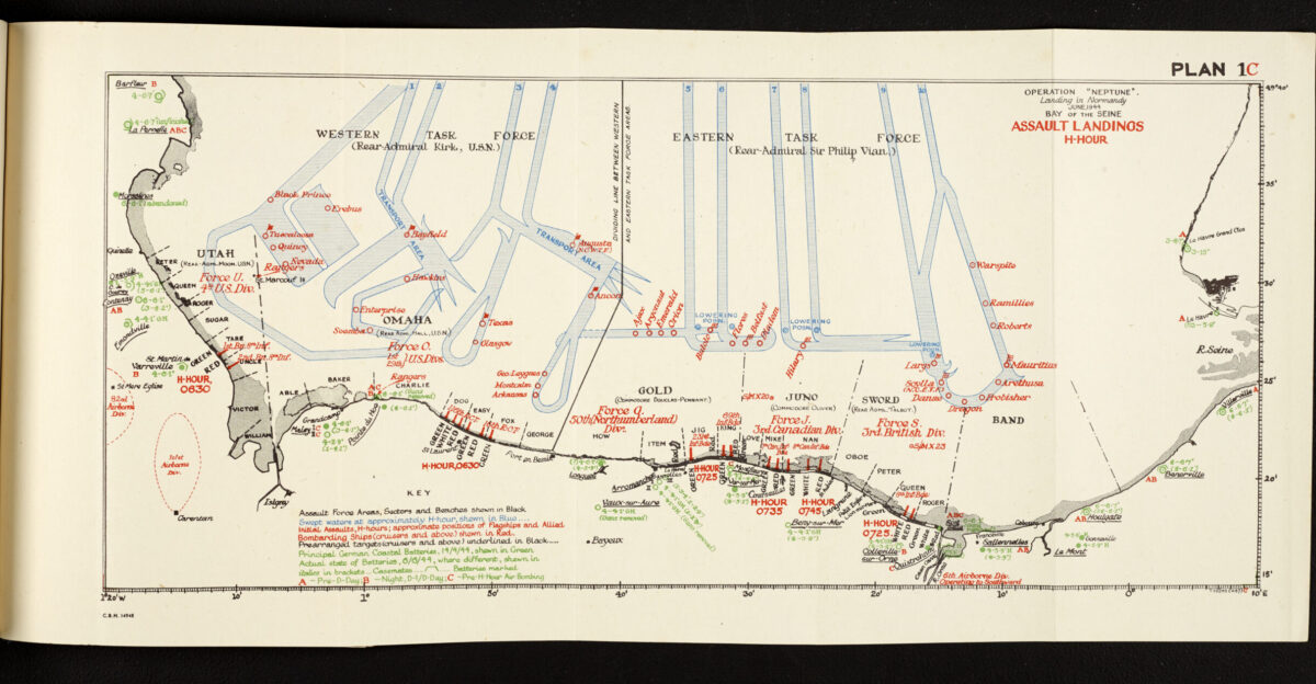 On 6 June 1944 a huge military machine embarked on the invasion of German-occupied France Its target was the coast of Normandy A vast armada of ships carried more than 130 000 men Ahead of them planes and gliders transported another 23 000 This was the biggest amphibious landing in history and its aim was to end the war in Europe and bring victory to the Allies While no New Zealand military units landed on the beaches of Normandy individual New Zealanders did Other New Zealanders were on the ships and planes that carried troops to France on 6 June - D-Day - and in the months that followed These young men served with the Royal Air Force RAF Royal Navy RN or Merchant Navy Some were in charge of landing craft vessels that carried troops and tanks to the invasion Others were seamen or officers on battleships destroyers or hospital ships New Zealanders in the RAF were among the crews of Dakotas and gliders which carried airborne troops Other New Zealanders flew in fighters and bombers sent out on operations in support of the landings More information about D-Day and New Zealand s involvement can be found on NZ History a href rel nofollow nzhistory govt nz war d-day a This map comes from a Secret military publication that was printed after the invasion and used for training and analysis One of a series it shows the landing force approaches landing sites and German defences Archives New Zealand reference ABFK W3948 Box 7 - Battle Summaries - Battle Summary No 39 Volume 1 - Operation Neptune Landings in Normandy June 1944 a href rel nofollow archway archives govt nz ViewFullItem do code 160595 a For more information use our ask an archivist link on our website a href rel nofollow Material from Archives New Zealand Te Rua Mahara o te K wanatanga Caption information from the NZ History feature on D-Day