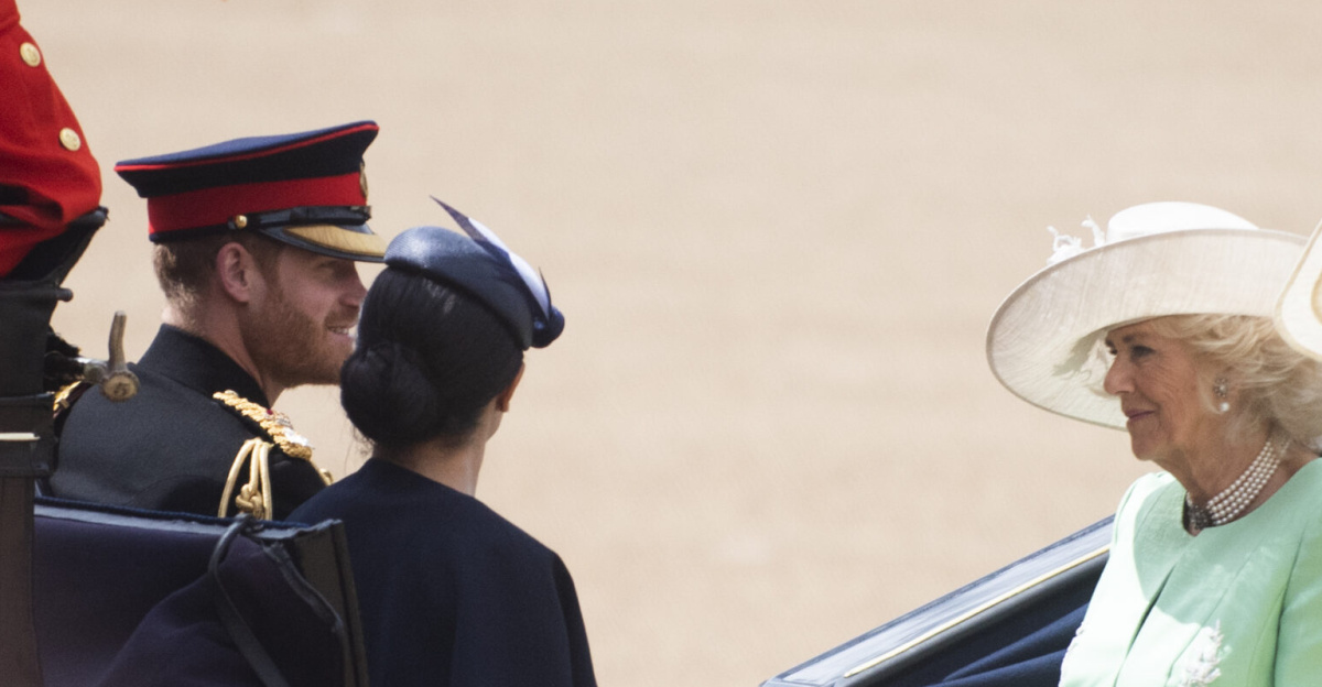 Camilla, Duchess of Cornwall, Kate, Duchess of Cambridge, Meghan, Duchess of Sussex, Prince Harry, Duke of Sussex arrive in a horse-drawn carriage at the, 'Trooping the Colour', in London on June 8, 2019. The ceremony of Trooping the Colour is believed to have first been performed during the reign of King Charles II. Since 1748, the Trooping of the Colour has marked the official birthday of the British Sovereign. Over 1400 parading soldiers, almost 300 horses and 400 musicians take part in the event. (DOD photo by U.S. Navy Petty Officer 1st Class Dominique A. Pineiro)
