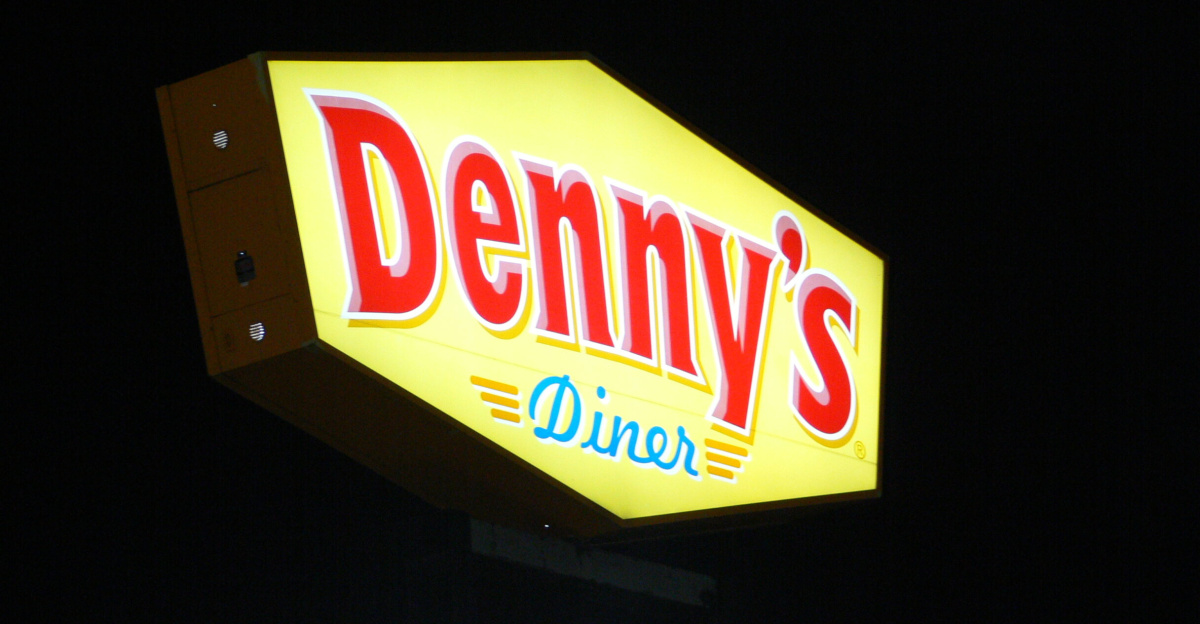 Lighted sign of a Denny's Diner restaurant in Dallas, Texas, at night