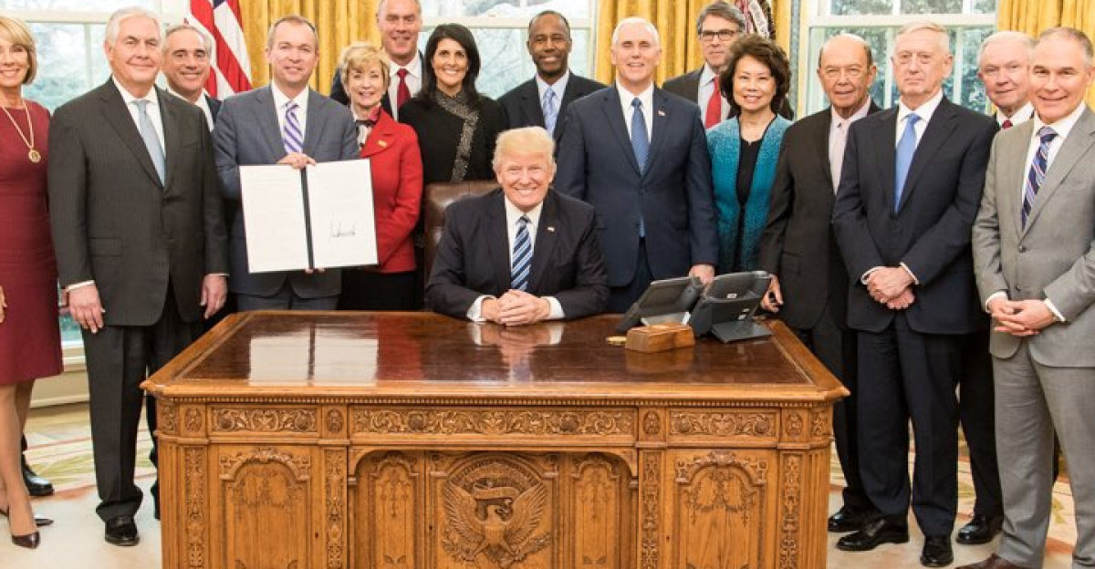 Group photo of most of the Trump cabinet in March 2017. Photo was tweeted with the text: "Proud to welcome our great Cabinet this afternoon for our first meeting. Unfortunately 4 seats were empty because Senate Dems are delaying!"