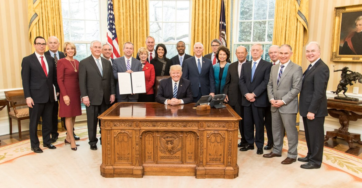 Group photo of most of the Trump cabinet in March 2017. Photo was tweeted with the text: "Proud to welcome our great Cabinet this afternoon for our first meeting. Unfortunately 4 seats were empty because Senate Dems are delaying!"