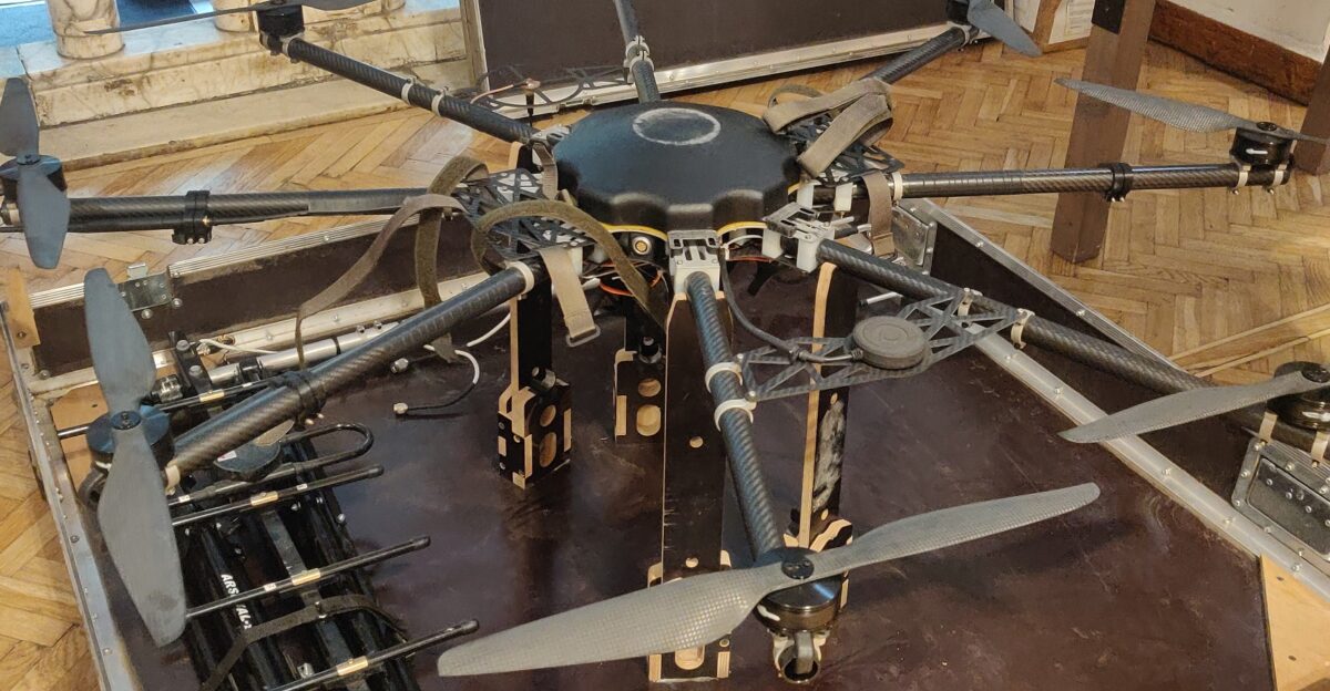 R18 drone on the exhibition at the show of the Sky Coordinator film in honor of Volodymyr Kochetkov-Sukach Organized by Aerorozvidka