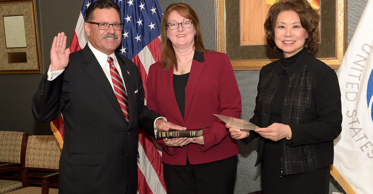 Elaine L Chao swears in Raymond P Martinez as the sixth Administrator for the Federal Motor Carrier Safety Administration FMCSA