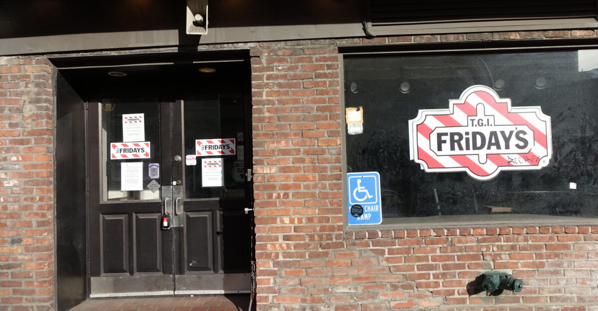 The T G I Friday s restaurant 47 Broadway at Trinity Place and Edgar Street in the Financial District Manhattan The restaurant extends east from Trinity Place to Broadway It is closed until further notice