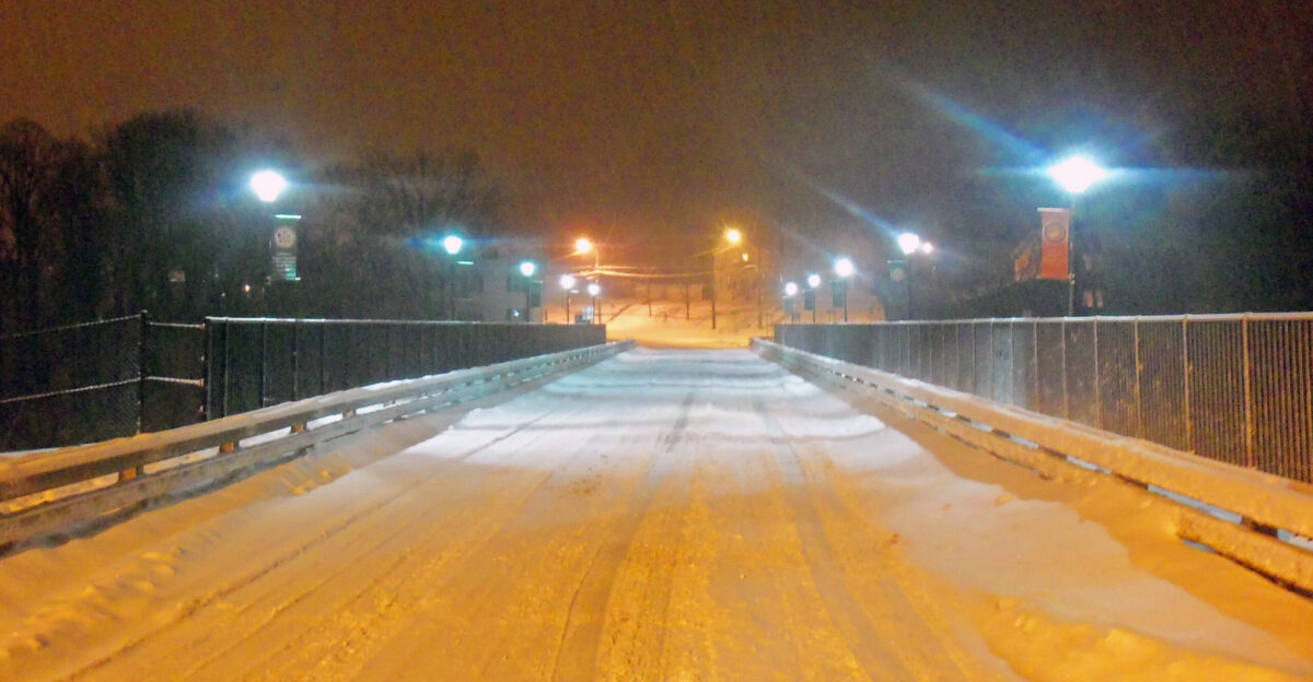 Snowfall accumulating on the High Bridge Walden NY USA in te middle of the night during the February 2013 nor easter
