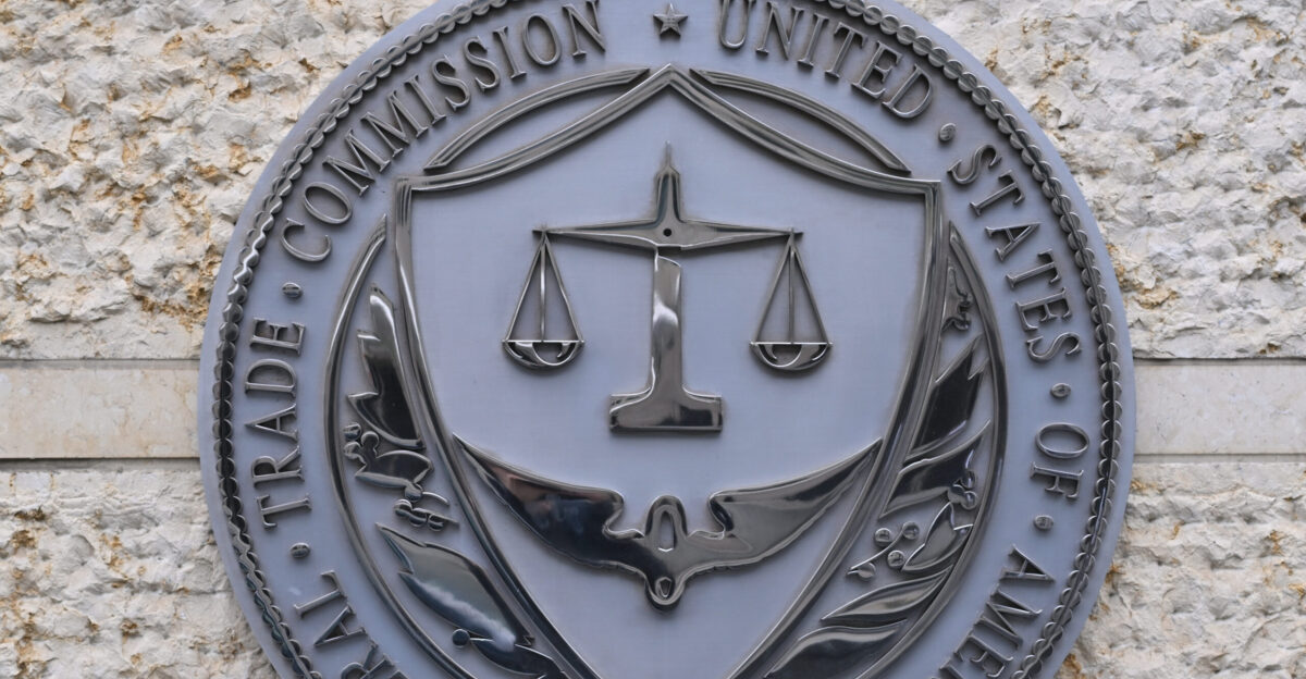 The Federal Trade Commission logo on the wall outside of Constitution Center 400 7th Street SW Washington DC 20024