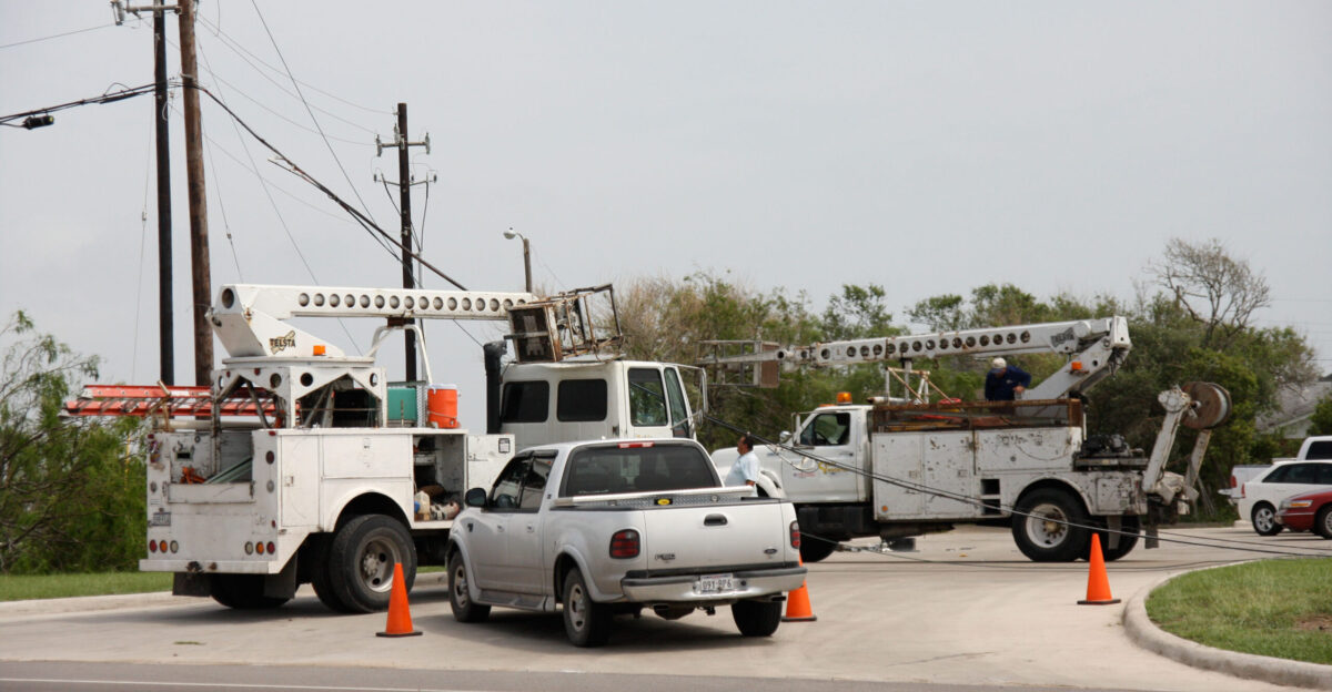 Brownsville TX July 24 2008 - Electrical power crews work hard trying to restore power to residents and businesses Power lines have falling due to the 120 mile winds of Hurricane Dolly Jacinta Quesada FEMA