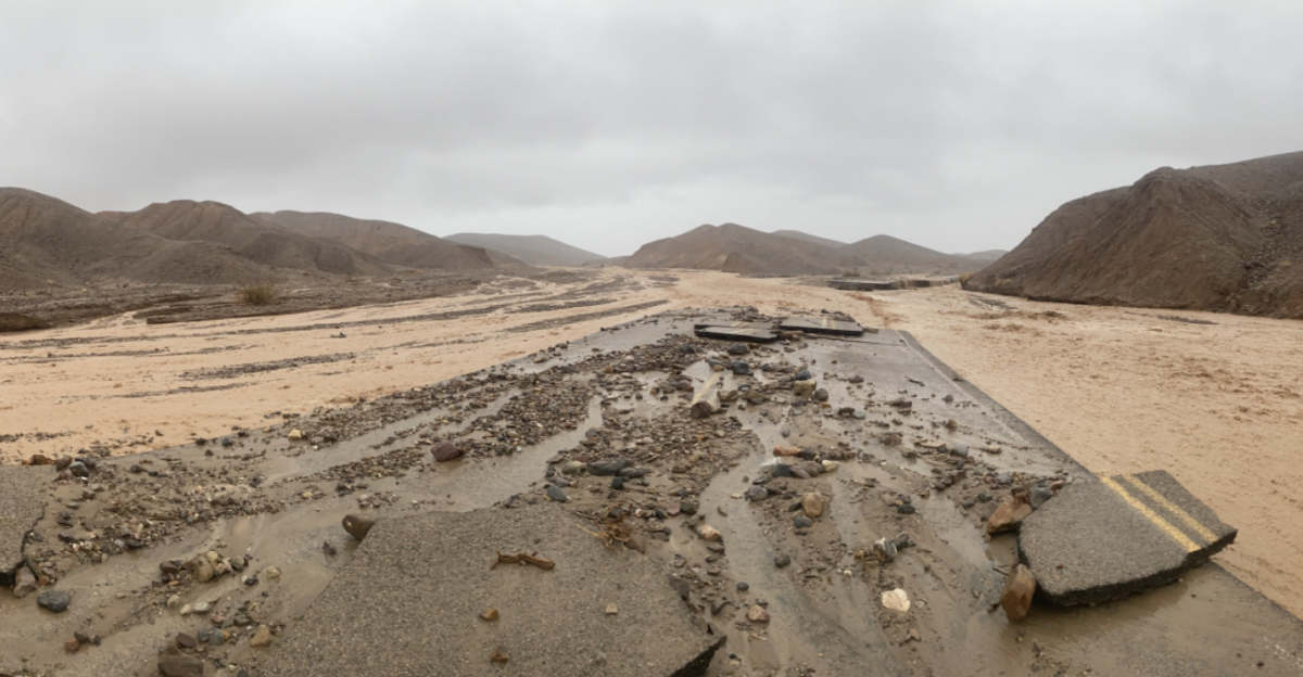 Flood damage at Mud Canyon Road in Death Valley National Park California