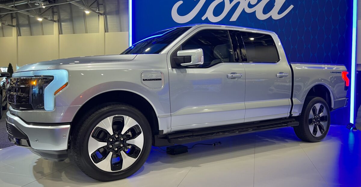 Ford F-150 Lightning on display at the DeVos Place Convention Center in Grand Rapids Michigan during the 2022 Michigan International Autoshow