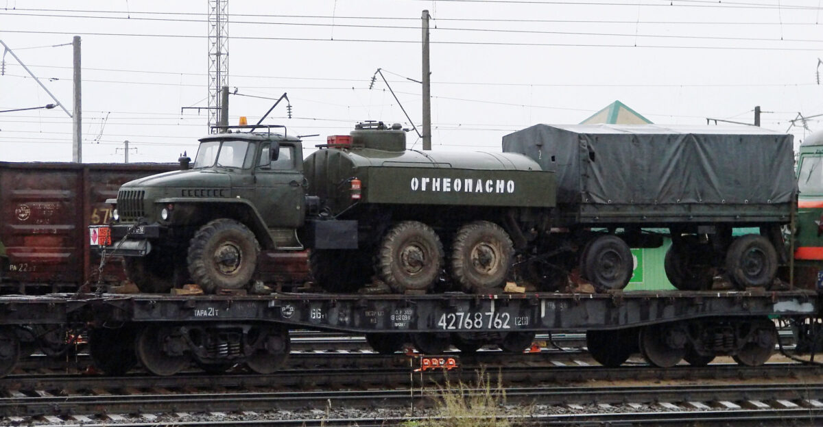 Transporting fuel truck ATs-5 5-4320 with trailer by railroad